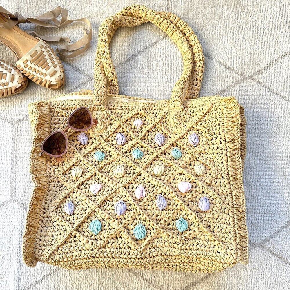 NWT BTB Los Angeles Woven Tan Straw Cheri Pastel Polka Dot Tote